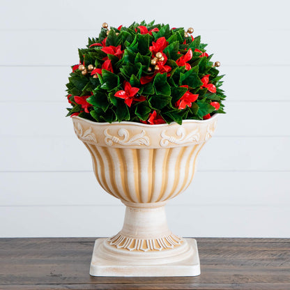 Artificial red-tip Photinia topiary in beige decorative planter with gold beads on Tampa Home & Garden Store