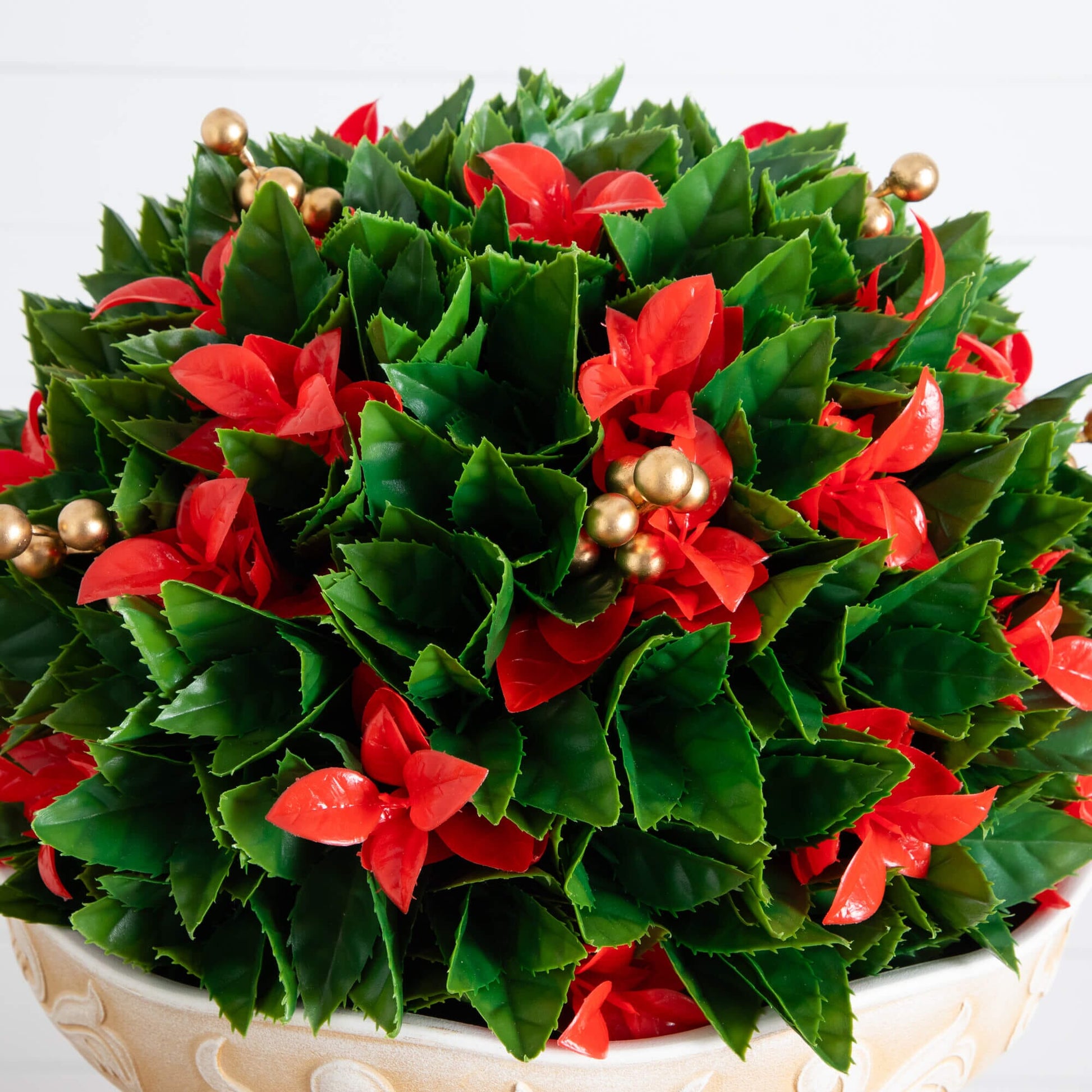 Artificial Photinia ball plant 22in in planter with red tips and gold ornaments on Tampa Home & Garden Store