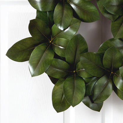 Magnolia Leaf Artificial Wreath, 22 in, Nearly Natural, glossy dark-green leaves on Tampa Home & Garden Store