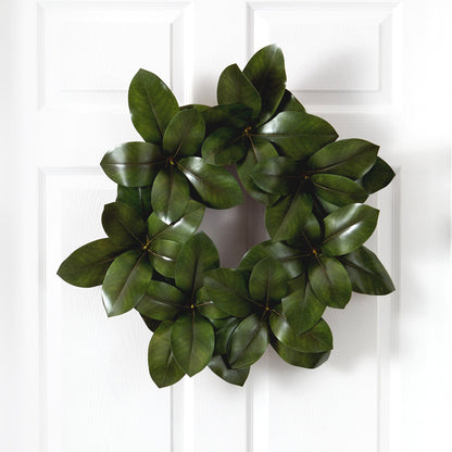 22in Magnolia Leaf Artificial Wreath by Nearly Natural, glossy dark green magnolia leaves on Tampa Home & Garden Store