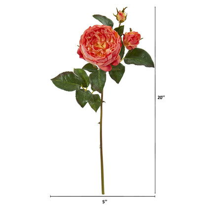 Nearly Natural 22in rose artificial flower set of 6 with coral pink petals and green leaves on Tampa Home & Garden Store