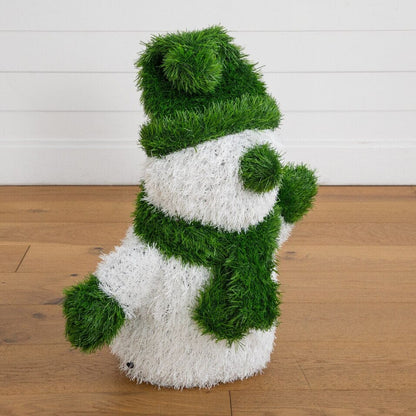 Snowman topiary tree by Nearly Natural, 22in UV resistant with green and white plush grass on Tampa Home & Garden Store