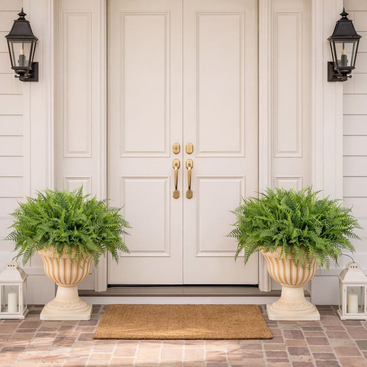 Artificial fern in cream striped urn planters by Nearly Natural, 22-inch UV-resistant pair on Tampa Home & Garden Store