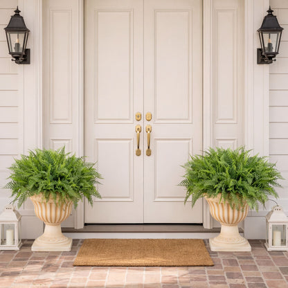 Artificial fern in cream striped urn planters by Nearly Natural, 22-inch UV-resistant pair on Tampa Home & Garden Store