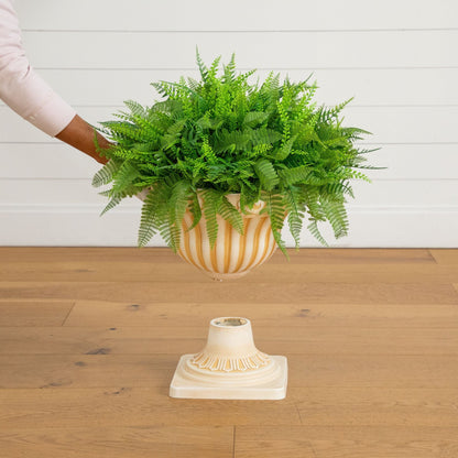 Artificial fern plant in decorative striped cream urn planter Nearly Natural UV resistant indoor outdoor on Tampa Home & Garden Store
