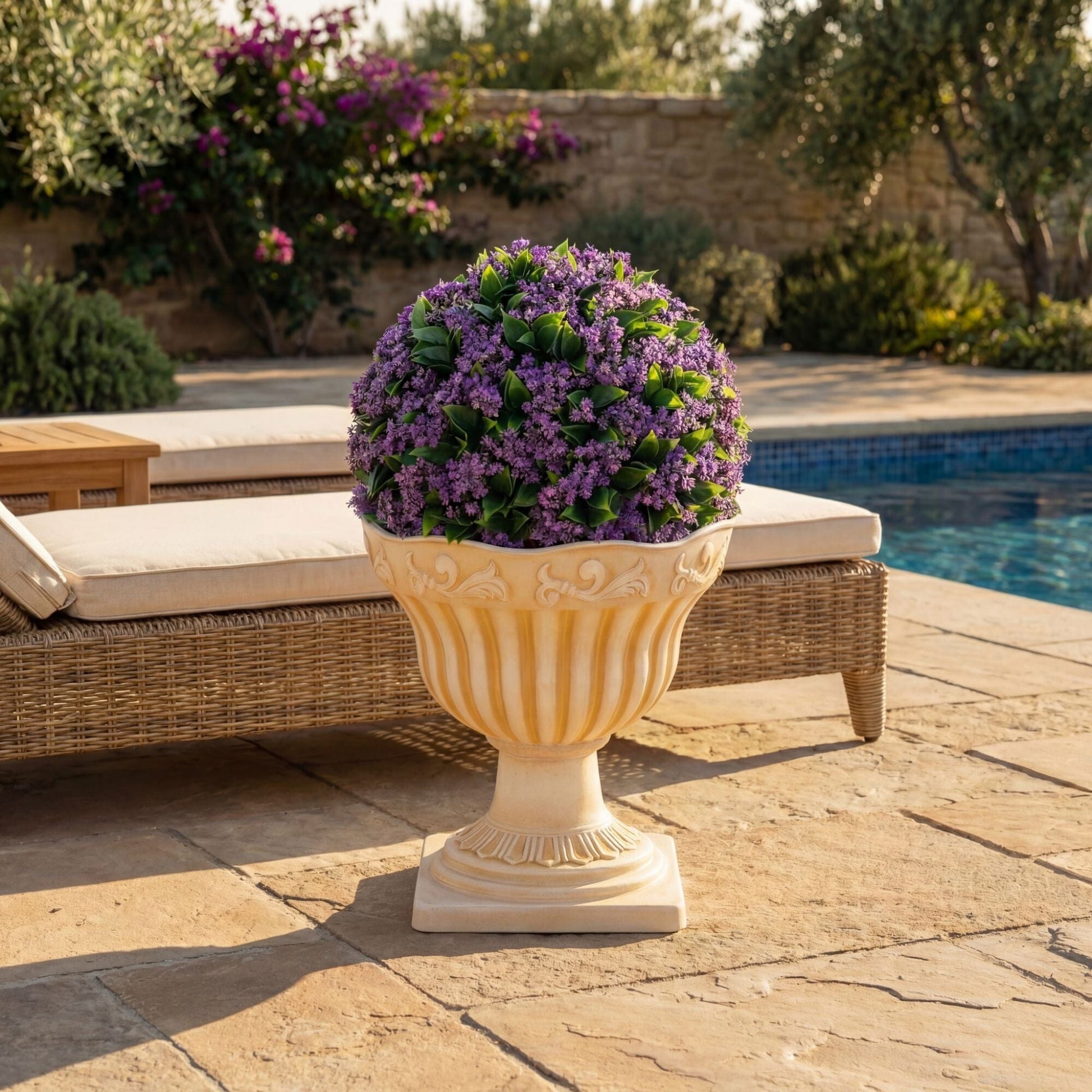 22in UV-resistant artificial purple flowering ball topiary in cream urn planter by Nearly Natural on Tampa Home & Garden Store