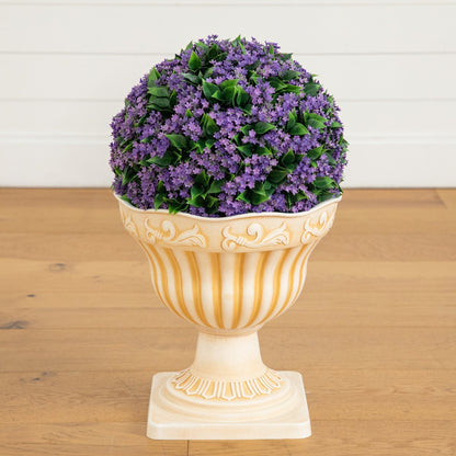 22-inch Nearly Natural artificial flowering ball topiary in urn planter with purple blooms on Tampa Home & Garden Store