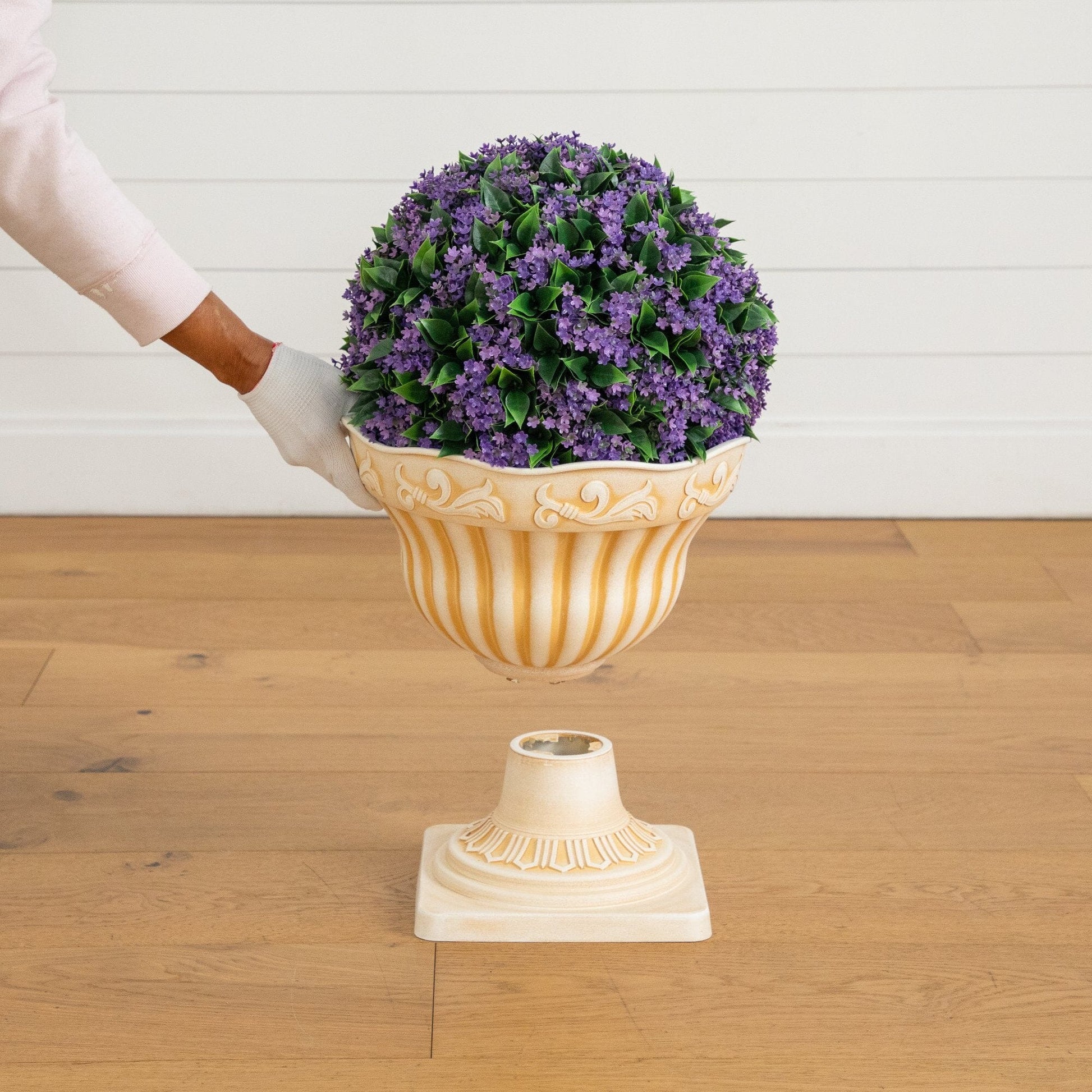 22in UV-resistant artificial flowering ball topiary in cream urn planter by Nearly Natural on Tampa Home & Garden Store