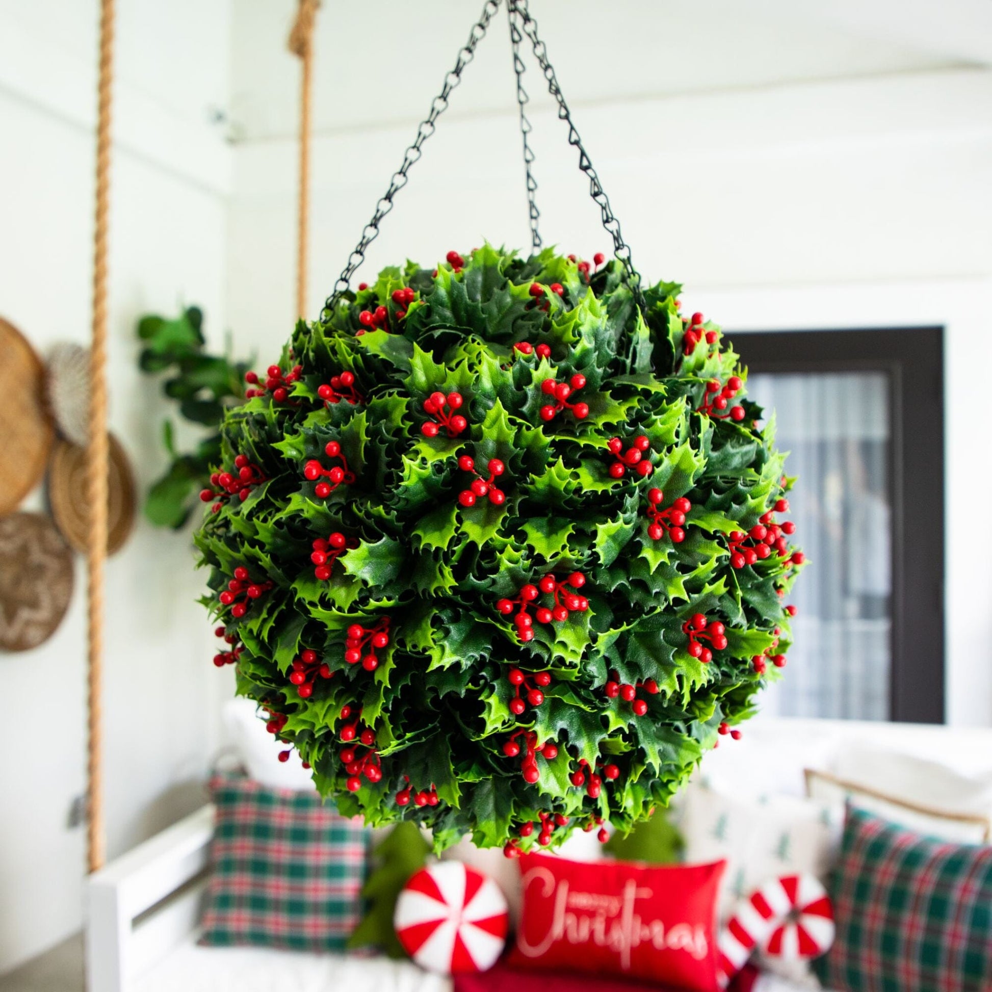 Holly berry hanging ball Nearly Natural, UV resistant artificial greenery with red berries on Tampa Home & Garden Store
