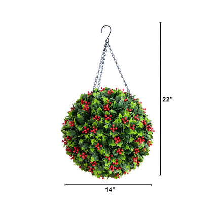 Hanging ball 22in UV-resistant holly berry with green leaves and red berries Nearly Natural on Tampa Home & Garden Store