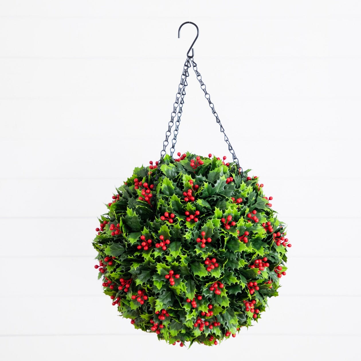 22in UV-resistant artificial holly berry hanging ball with green leaves and red berries on Tampa Home & Garden Store
