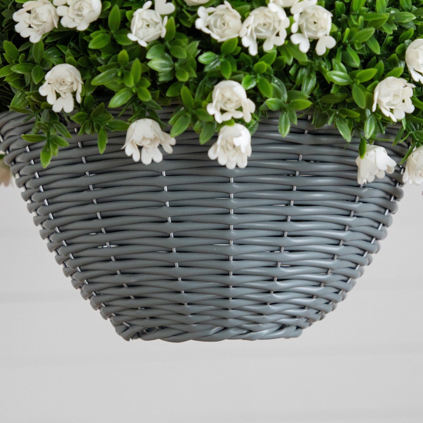 Hanging basket Nearly Natural 22” UV resistant mini roses Aptenia, white blooms in gray basket on Tampa Home & Garden Store