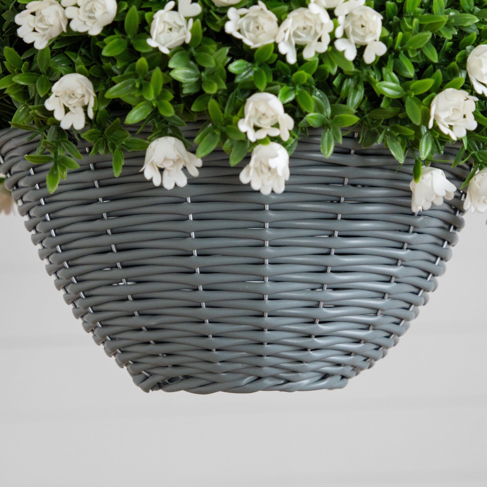 Hanging basket Nearly Natural 22” UV resistant mini roses Aptenia, white blooms in gray basket on Tampa Home & Garden Store