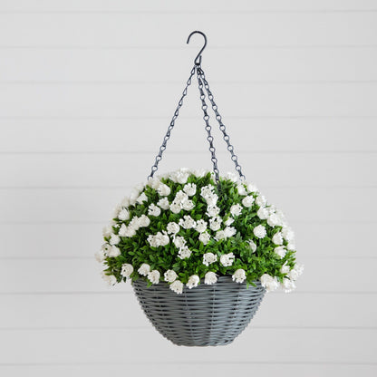 22-inch UV resistant artificial mini rose and aptenia hanging basket with white blooms and green foliage in a gray wicker basket by Nearly Natural on Tampa Home & Garden Store