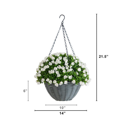 Nearly Natural 22in UV resistant mini rose and aptenia hanging basket with white blooms on Tampa Home & Garden Store