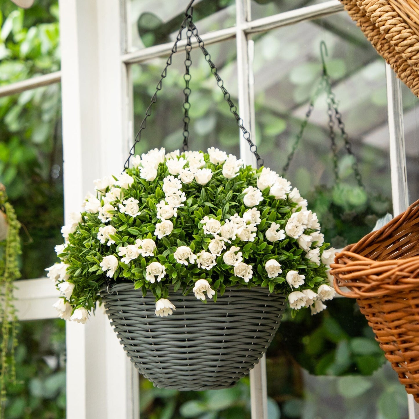 22in UV artificial mini rose and aptenia hanging basket white blooms green foliage gray pot on Tampa Home & Garden Store