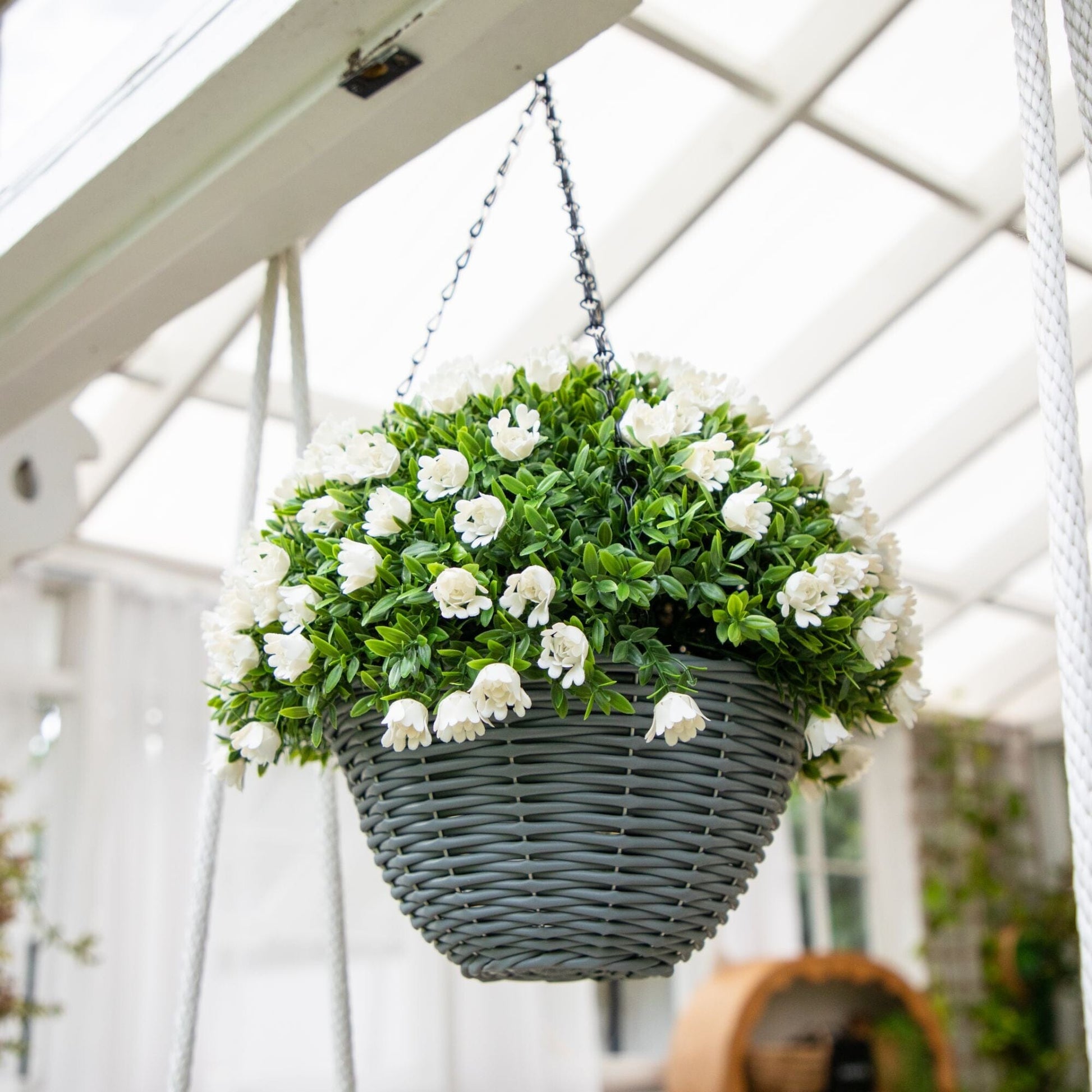 Hanging basket UV Resistant Artificial Mini Rose Aptenia with white blooms and green leaves on Tampa Home & Garden Store