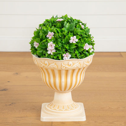 22in UV-resistant artificial pink flowering topiary in a decorative urn planter with green leaves on Tampa Home & Garden Store