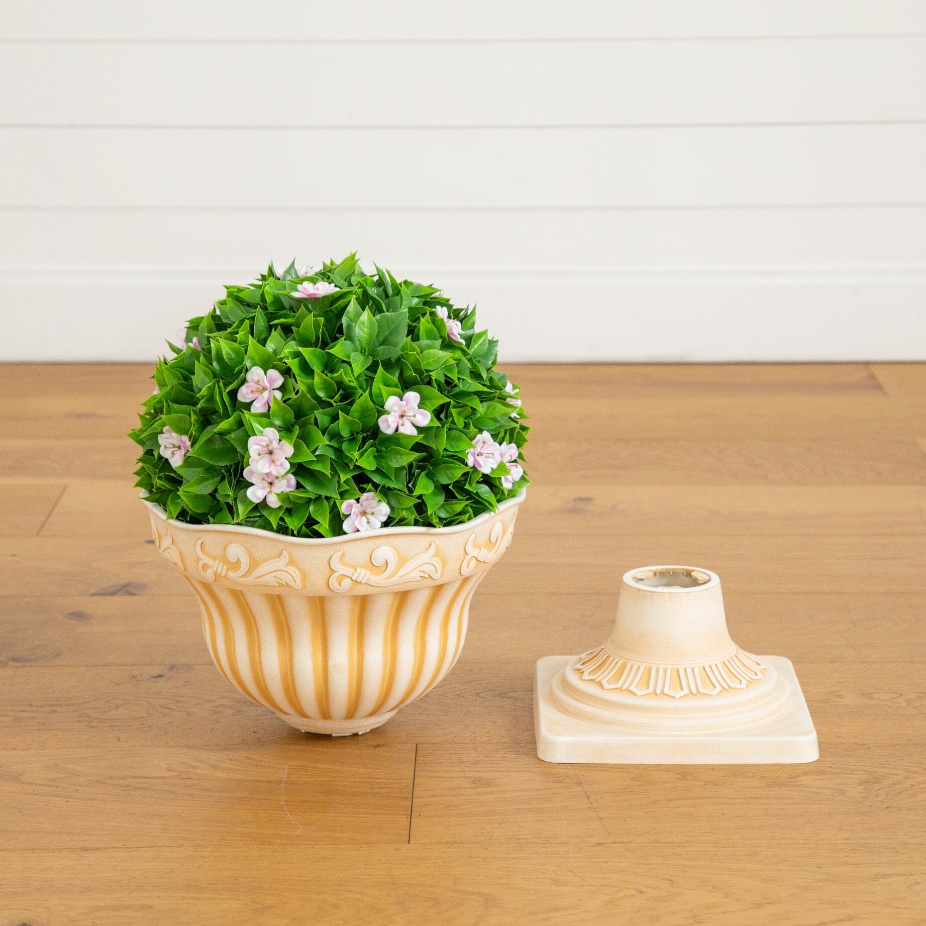 Artificial 22in pink flowering ball topiary in an urn planter, UV-resistant Nearly Natural on Tampa Home & Garden Store