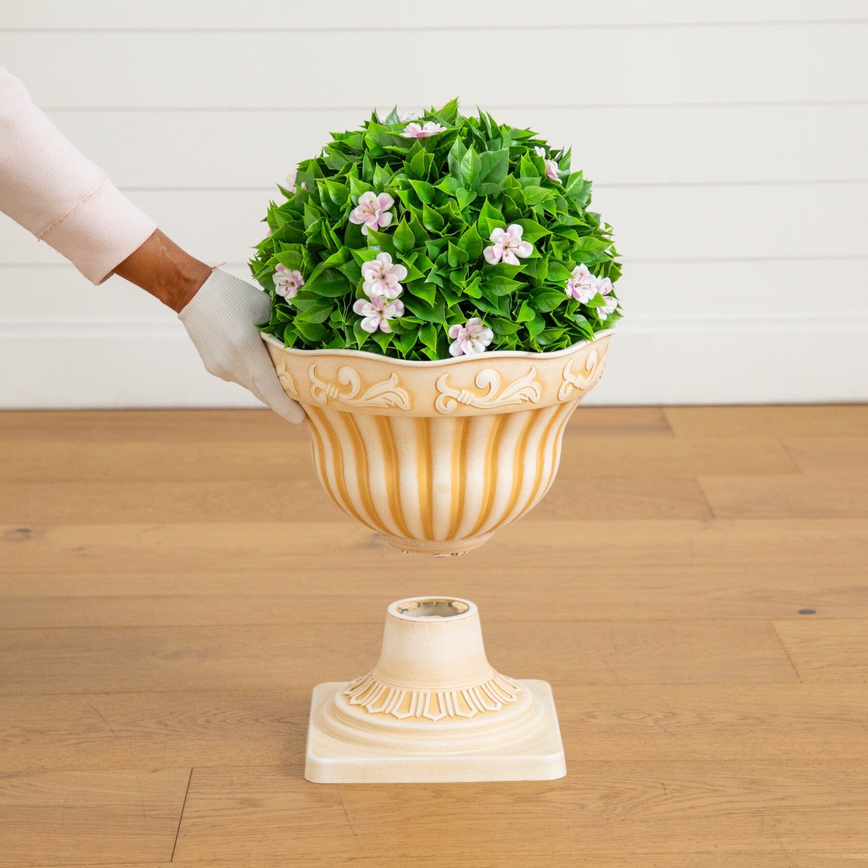 Artificial pink flowering ball topiary in decorative cream urn planter, 22in UV‑resistant on Tampa Home & Garden Store