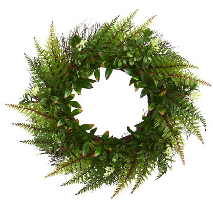Wreath 23in fern blend with glossy green leaves UV resistant indoor/outdoor Nearly Natural on Tampa Home & Garden Store