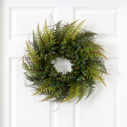 Wreath 23in assorted ferns with green leaves, UV resistant, Nearly Natural indoor/outdoor on Tampa Home & Garden Store
