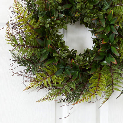 Wreath 23in Nearly Natural assorted fern and succulent greenery UV resistant indoor/outdoor on Tampa Home & Garden Store