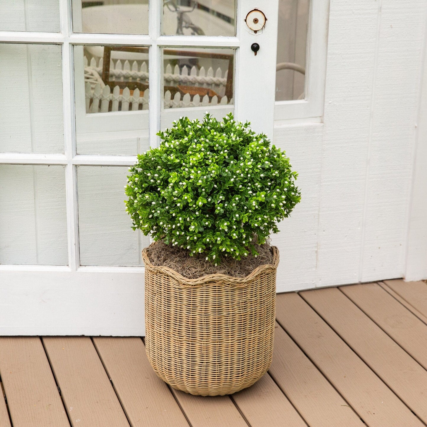 Artificial flowering boxwood topiary 23in in a woven wicker basket with green foliage on a deck on Tampa Home & Garden Store