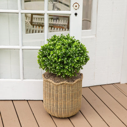Artificial flowering boxwood topiary 23in in a woven wicker basket with green foliage on a deck on Tampa Home & Garden Store