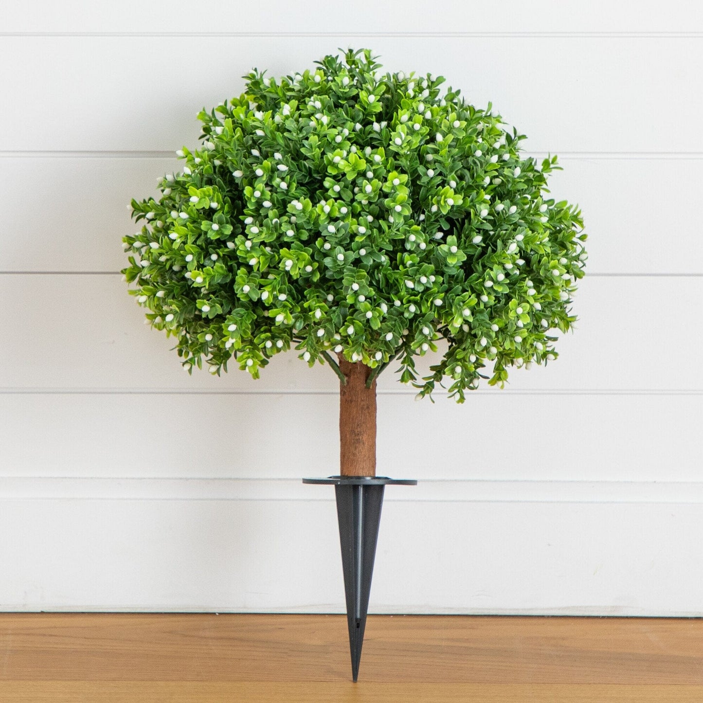 23-inch UV-resistant artificial boxwood topiary with built-in stake; green leaves and white buds on Tampa Home & Garden Store