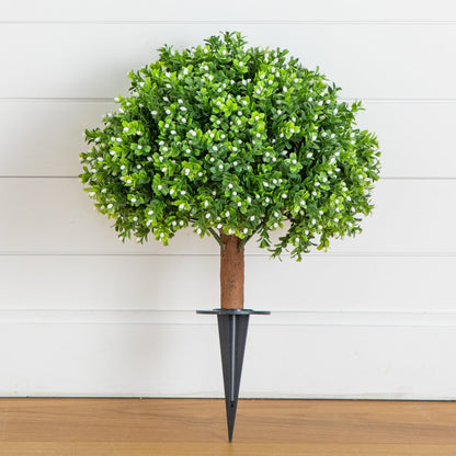 23-inch UV-resistant artificial boxwood topiary with built-in stake; green leaves and white buds on Tampa Home & Garden Store