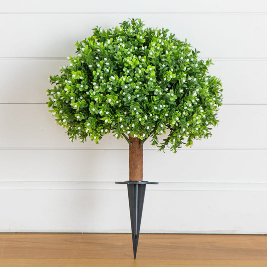 23-inch UV-resistant artificial boxwood topiary with built-in stake; green leaves and white buds on Tampa Home & Garden Store