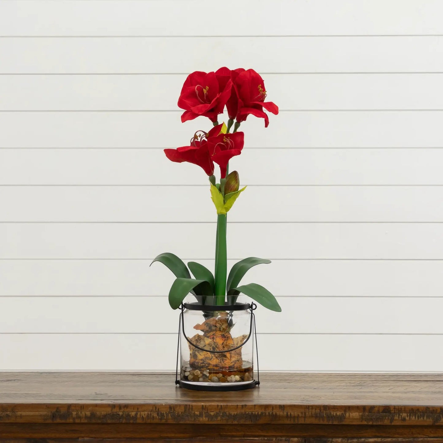 24 Inch Amaryllis artificial flowering plant by Nearly Natural glass vase with red blooms on Tampa Home & Garden Store