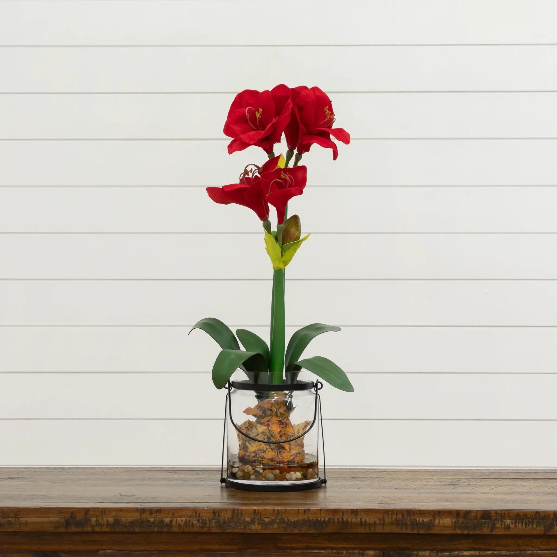 24 Inch Amaryllis artificial flowering plant by Nearly Natural glass vase with red blooms on Tampa Home & Garden Store