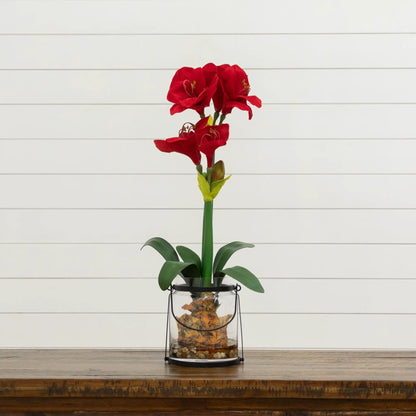 24 Inch Amaryllis artificial flowering plant by Nearly Natural glass vase with red blooms on Tampa Home & Garden Store