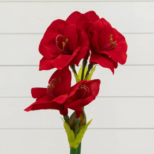 24 Inch Amaryllis in Glass Vase with Blooms artificial red petals and yellow anthers on Tampa Home & Garden Store