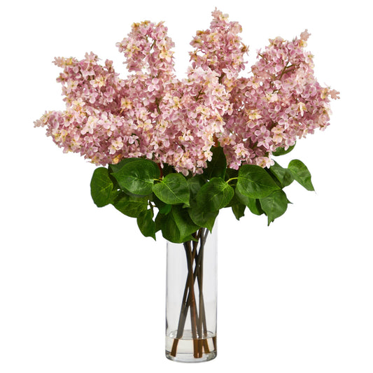 Arreglo de lilas artificiales de 24" con jarrón cilíndrico de vidrio