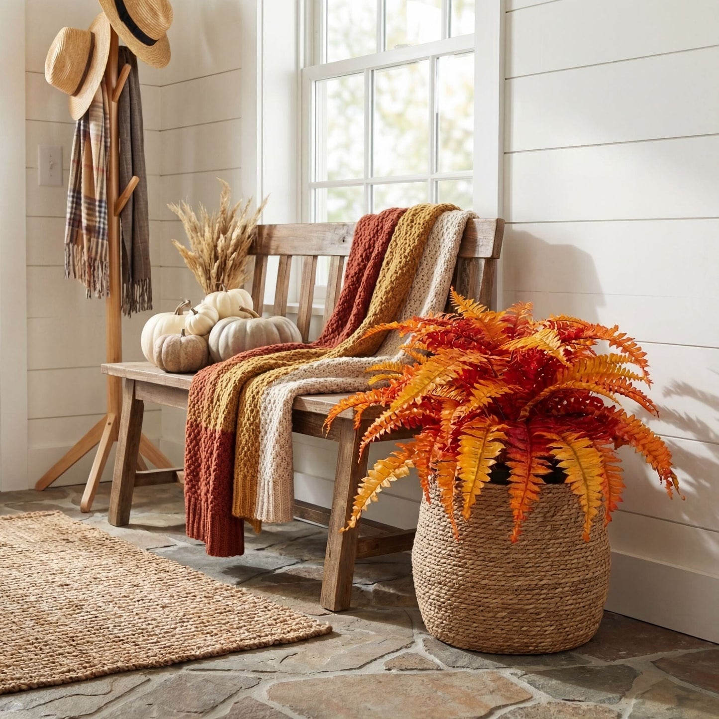 24” Autumn Artificial Boston Fern Plant by Nearly Natural in a basket with autumn tones on Tampa Home & Garden Store
