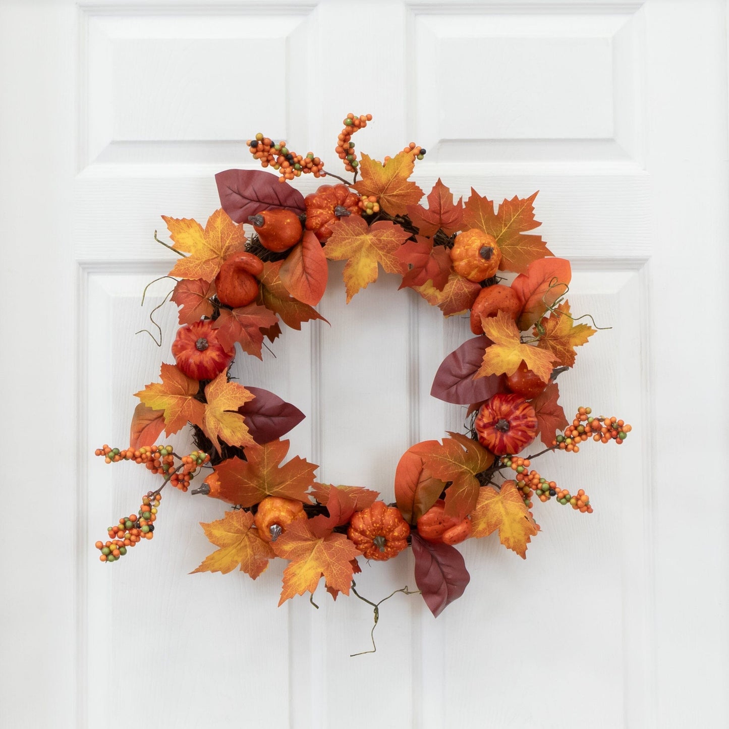 24” Autumn Maple Leaves, Pumpkin, Pinecone and Berries Artificial Fall Wreath