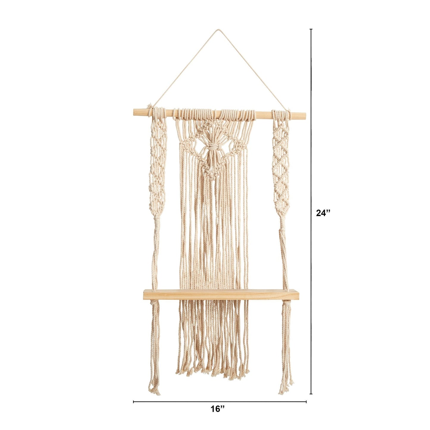 Décoration murale bohème chic en macramé et bois, 24 pouces, à motif de diamants tissés sur une étagère