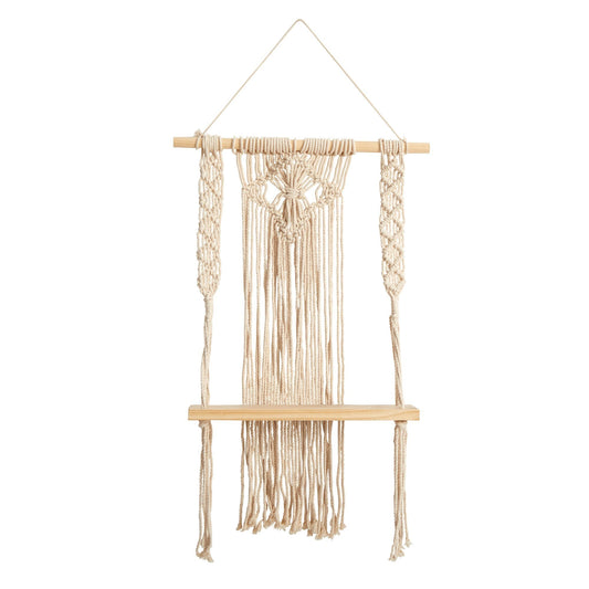 Décoration murale bohème chic en macramé et bois, 24 pouces, à motif de diamants tissés sur une étagère