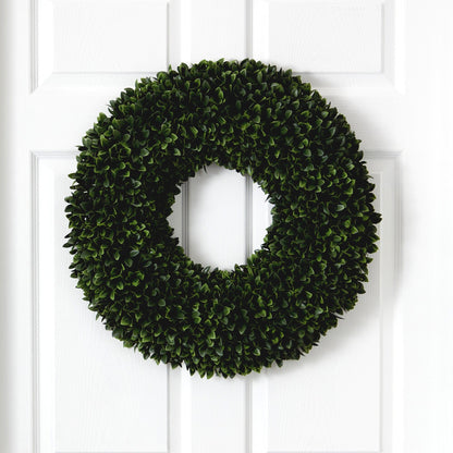 Boxwood artificial wreath 24in Nearly Natural with lush green leaves on white door on Tampa Home & Garden Store
