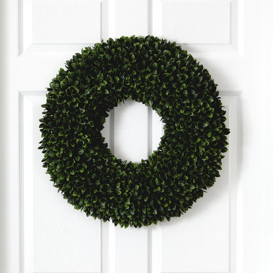 Boxwood artificial wreath 24in Nearly Natural with lush green leaves on white door on Tampa Home & Garden Store