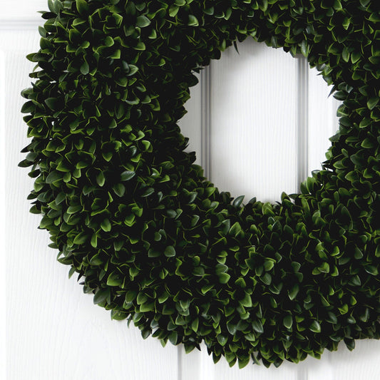 24" Boxwood Artificial Wreath by Nearly Natural with dense green leaves on Tampa Home & Garden Store
