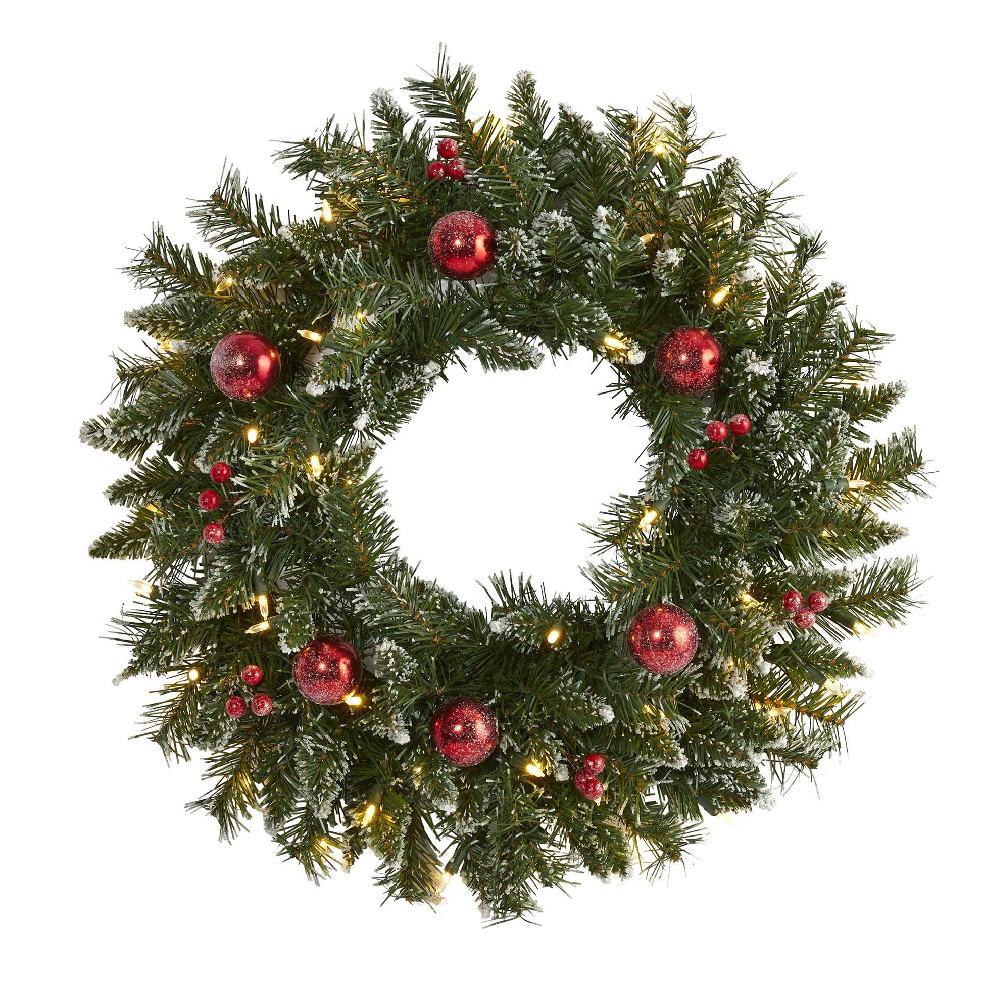 Wreath Nearly Natural 24in Frosted Christmas with 50 LED lights, ornaments and berries on Tampa Home & Garden Store