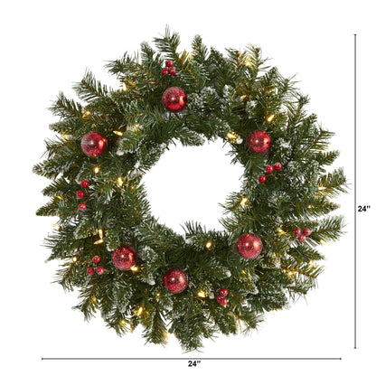 Wreath frosted artificial Christmas with 50 warm white LED lights and berries by Nearly Natural on Tampa Home & Garden Store