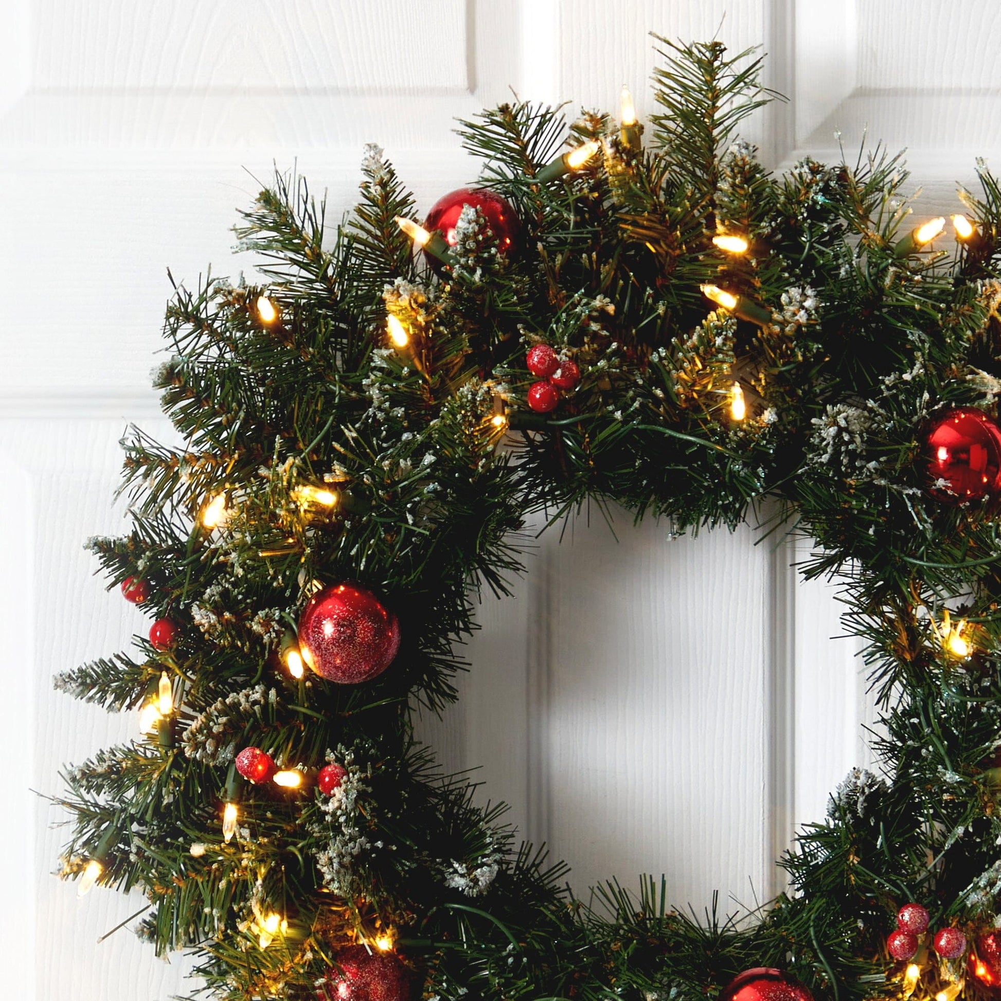 Wreath Nearly Natural 24" Frosted Christmas with 50 LED lights, ornaments and berries on Tampa Home & Garden Store