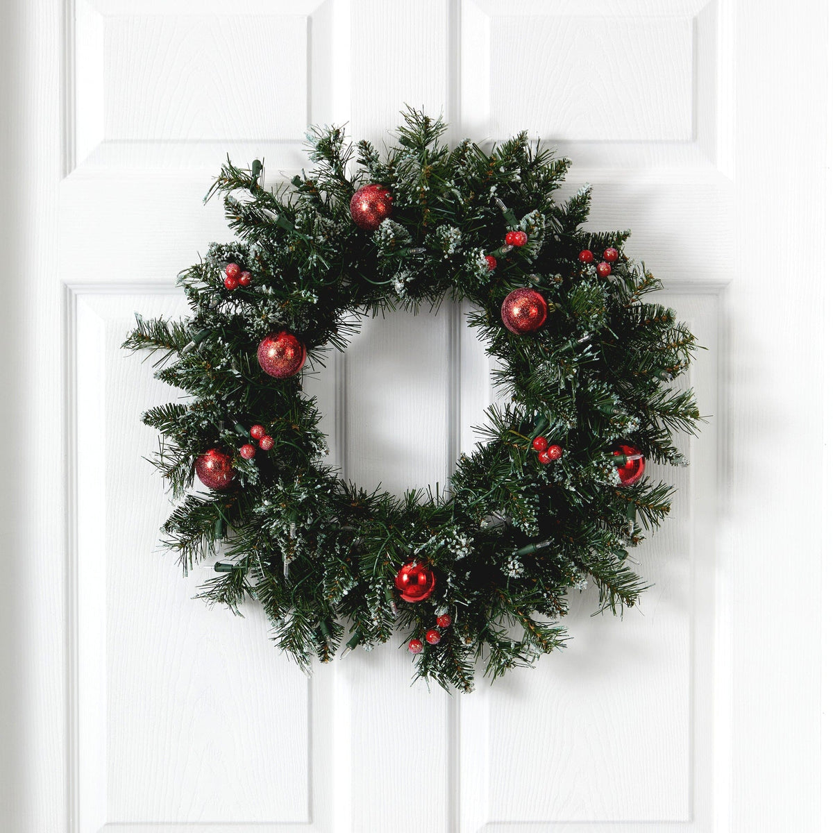 24in Frosted Christmas Wreath with 50 warm white LED lights, ornaments and berries on Tampa Home & Garden Store