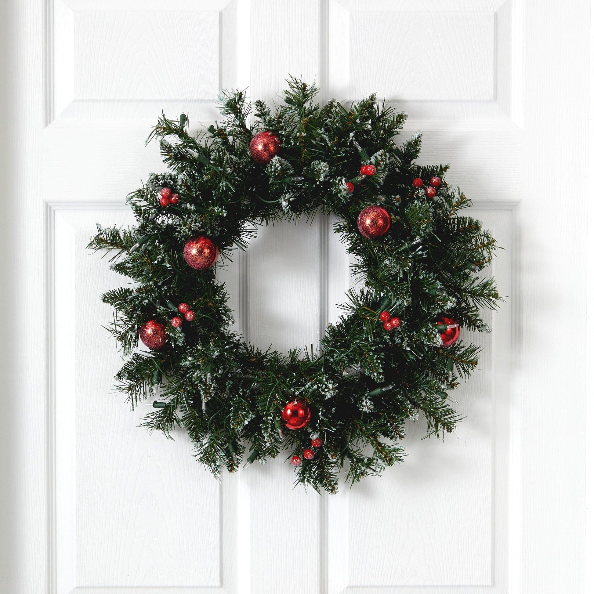 24in Frosted Christmas Wreath with 50 warm white LED lights, ornaments and berries on Tampa Home & Garden Store