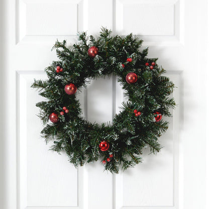 24in Frosted Christmas Wreath with 50 warm white LED lights, ornaments and berries on Tampa Home & Garden Store